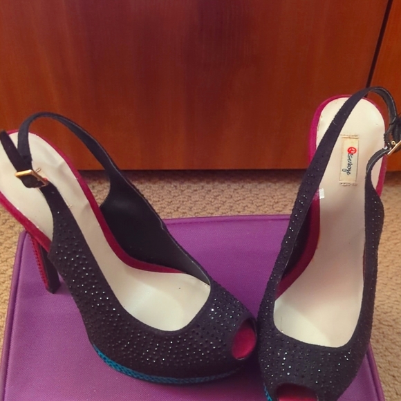 Blacked bedazzled peep toe tri-color stiletto slingback - Picture 7 of 9